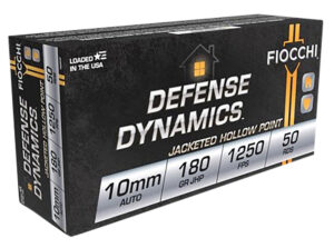 Fiocchi Defense Dynamics 10mm Auto 180 gr JHP ammunition box with 50 rounds