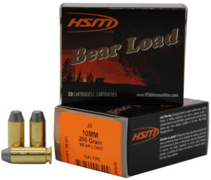HSM Bear Load 10mm Auto 200gr RNFP ammunition box and cartridges, 20 rounds