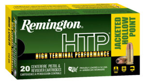 Remington HTP 9mm 115gr Jacketed Hollow Point ammo box, 20 rounds