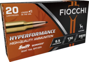 Box of Fiocchi Hyperformance 6.5mm Creedmoor 130 gr Swift Scirocco II boat-tail spitzer ammunition, 20 rounds