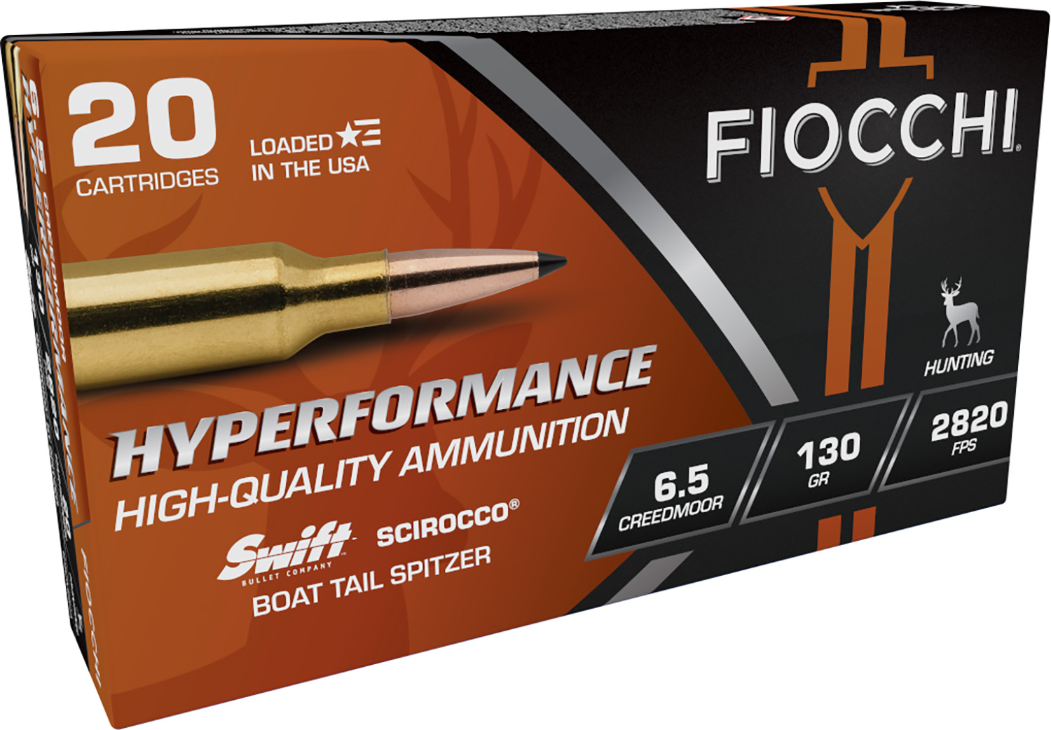 Box of Fiocchi Hyperformance 6.5mm Creedmoor 130 gr Swift Scirocco II boat-tail spitzer ammunition, 20 rounds