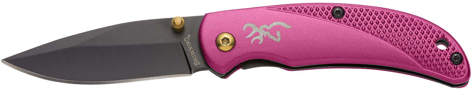 Browning 3220343 Prism 3 EDC Folding 2.38" Plain Black Oxide 7Cr17MoV SS Blade, Plum w/Brass Accents & Logo Anodized Aluminum Handle, Includes Pocket Clip