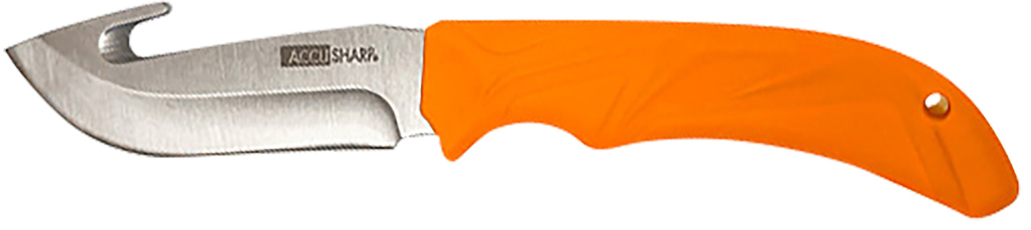 AccuSharp 729C Gut Hook 3.50" Fixed Gut Hook Plain Stainless Steel Blade/Blaze Orange Rubber Handle Includes Belt Carry Pouch