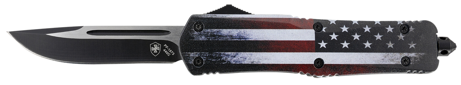 Templar Knife LUS331 Gen II US Flag Large 3.50" OTF Drop Point Plain Black Oxide Stonewashed 440C SS Blade, 5.25" US Flag Aluminum Handle, Glass Breaker