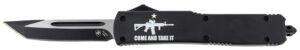 Templar Knife MAR15231 Gen II Come And Take It Slim 3.43" OTF Tanto Plain Black Oxide Stonewashed 440C SS Blade, 5.05" Black w/ "Come And Take It" AR-15 Gun Aluminum Handle, Glass Breaker