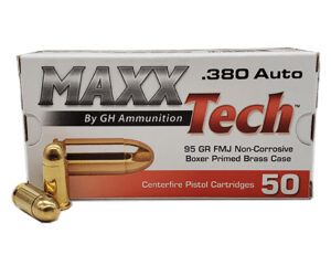 MaxxTech PTGB380B .380 ACP 95 gr FMJ brass-case ammunition 50-round box