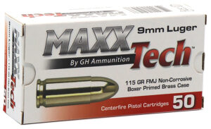 MAXXTech 9mm 115gr FMJ brass-cased ammunition 50rd box