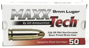 Box of MAXXTech 9mm Luger 124gr FMJ 50-count brass-cased ammunition