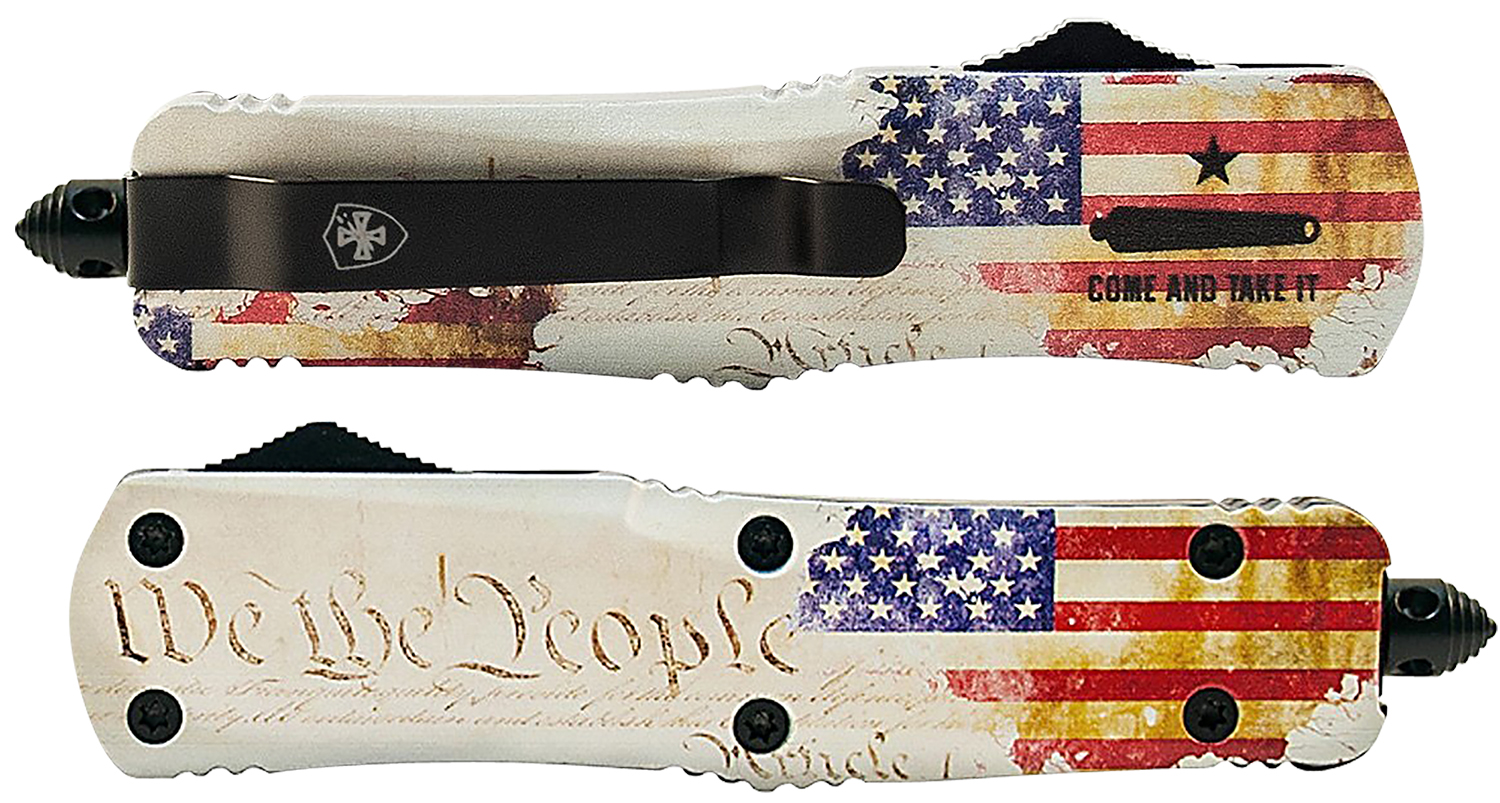 Templar Knife SWTP131 Gen II We The People Small 2.69" OTF Dagger Plain Black Oxide Stonewashed 440C SS Blade, 4.31" White w/Flag & "We The People" Aluminum Handle, Glass Breaker