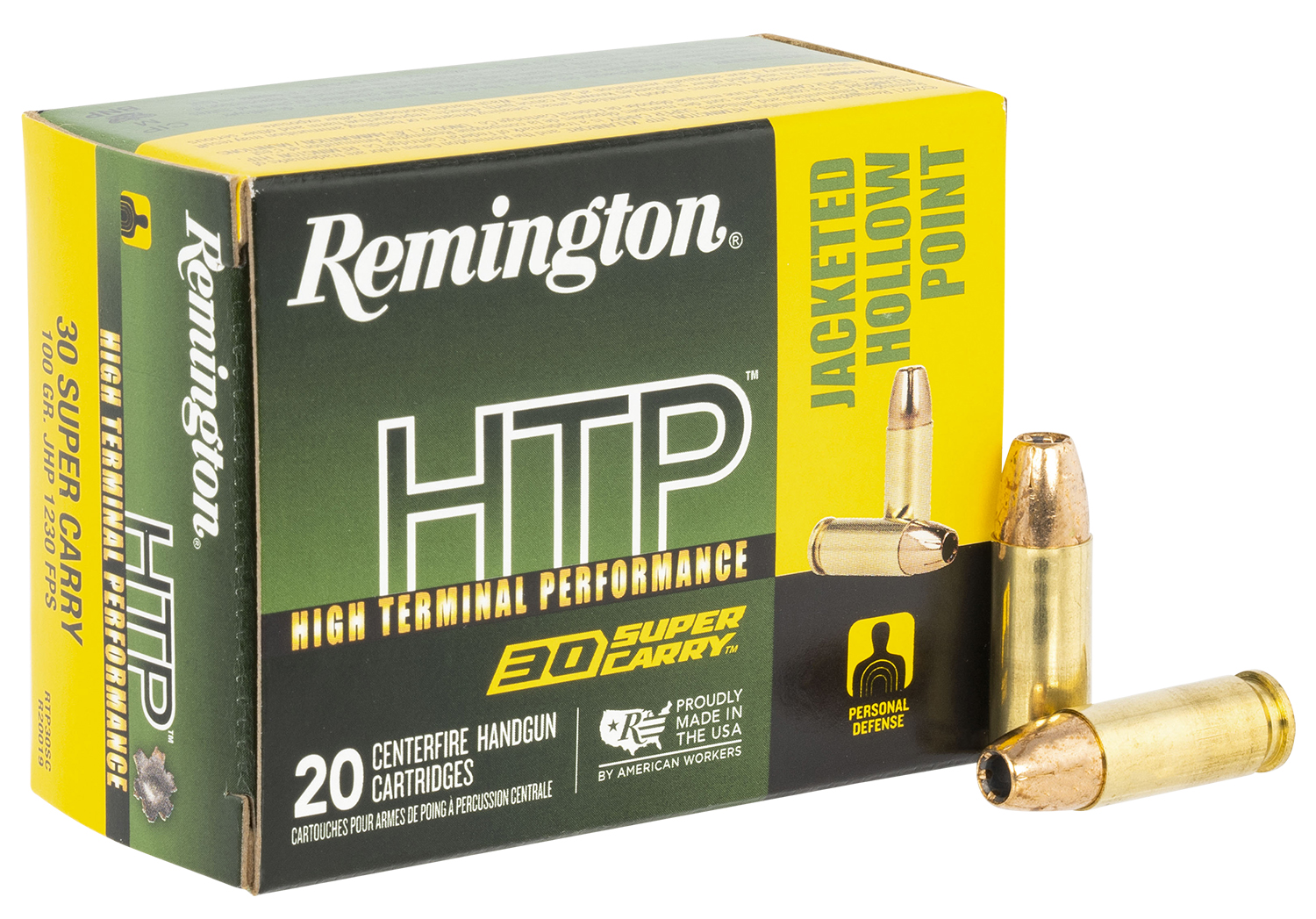 Remington HTP .30 Super Carry 100gr JHP ammunition box, 20 rounds
