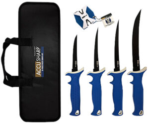 AccuSharp 737C Knife Kit 4.75/5.50/6.50/8" Fixed Fillet Plain Satin Stainless Steel Blade/ Blue Non-Slip Grip TPR Handle Includes 2-Step Sharpener