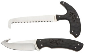 Browning 3220420 Primal Combo 3.75"/5.25" Fixed Drop Point Gut Hook/Skinner, Saw 8Cr13MoV SS Blade, Black Polymer w/Rubber Overmold & Finger Grooves Handle, 2 Piece Set, Includes Sheath