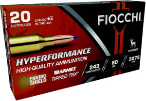 Fiocchi Hyperformance 243 Win 80 gr Barnes Tipped TSX ammunition box, 20 rounds