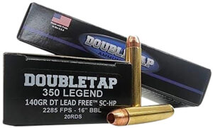 Double Tap 350 Legend 140gr DT Lead Free SC-HP rifle ammunition box and cartridges