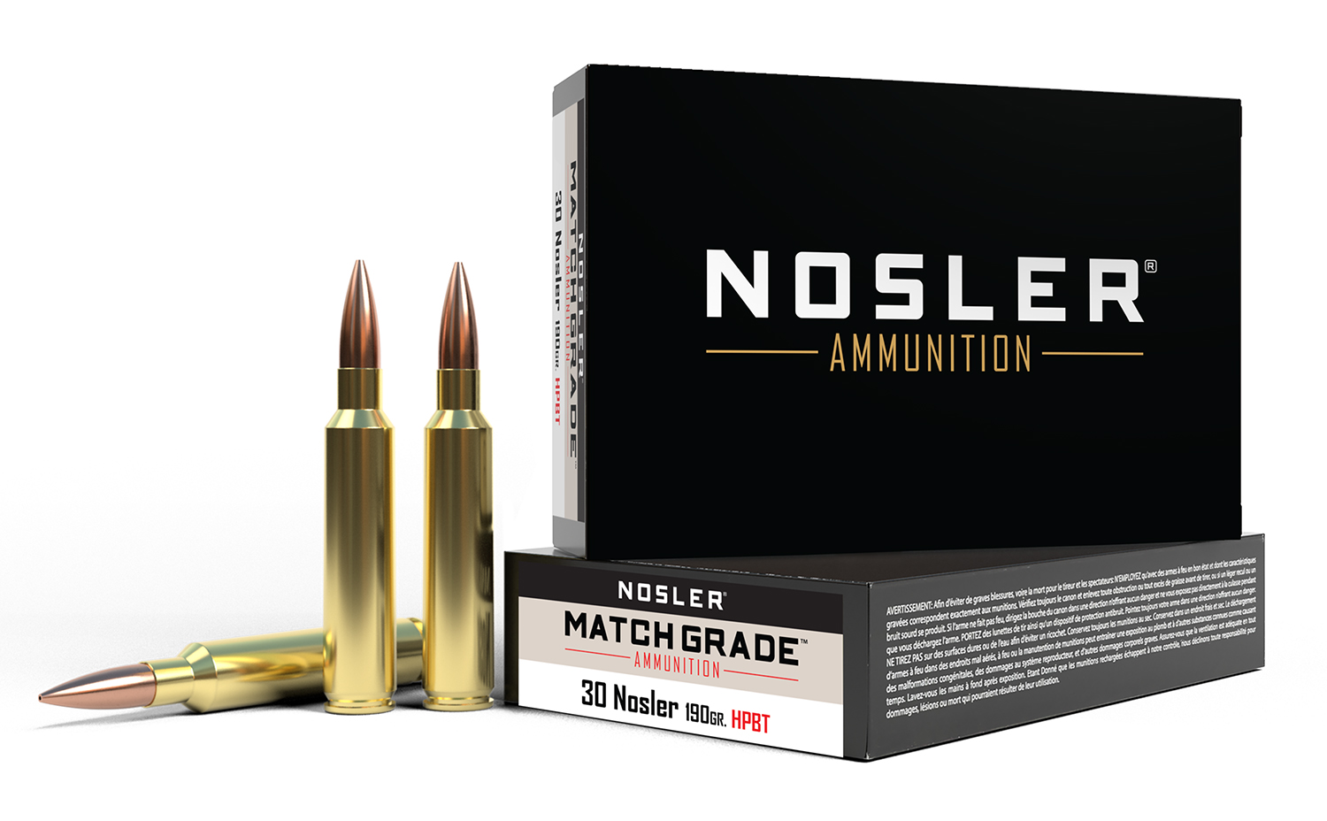 Nosler Match Grade .30 Nosler 190 gr CC HPBT ammunition box, 20 rounds