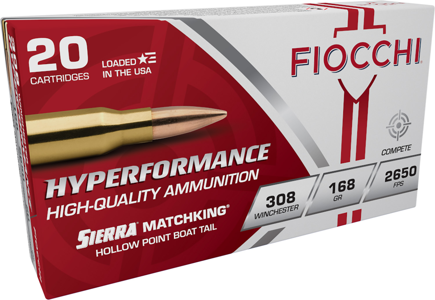 Fiocchi Exacta .308 MatchKing BTHP 20-round box, brass-cased match ammunition