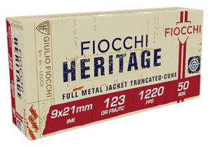 Fiocchi Heritage 9x21mm IMI 123 gr FMJ-TC ammunition box and rounds