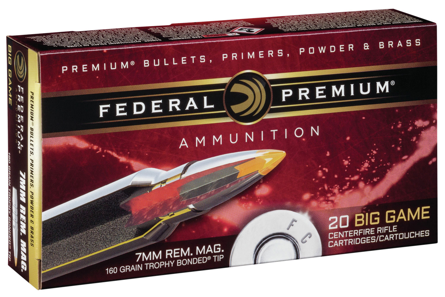 Federal Premium 7mm Rem Mag 160gr Trophy Bonded Tip ammunition box and cartridges