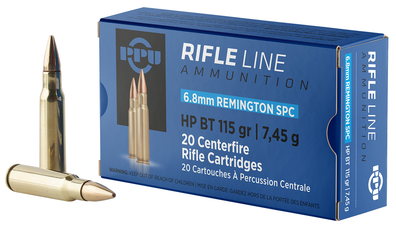 Prvi PPU 6.8mm Rem SPC 115 gr HPBT ammunition box and cartridges