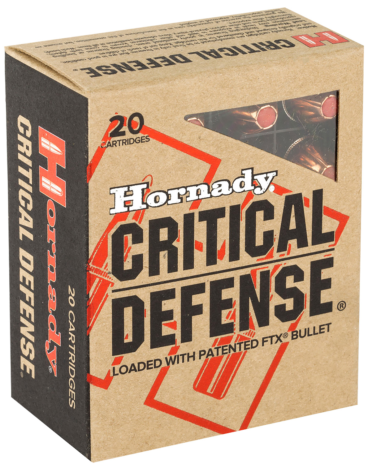 Box of Hornady Critical Defense .45 ACP 185 gr FTX ammunition, 20 rounds