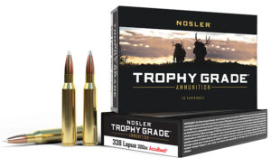 Box of Nosler Trophy Grade .338 Lapua Magnum 300 gr AccuBond ammunition, 20 rounds