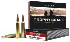 Nosler AccuBond Long Range 7mm Rem Mag 168 gr ammunition box and cartridges