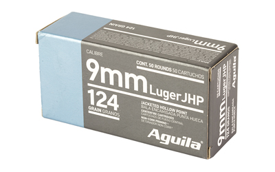 Aguila 9mm Luger 124 gr JHP 50rd box brass-cased handgun ammunition