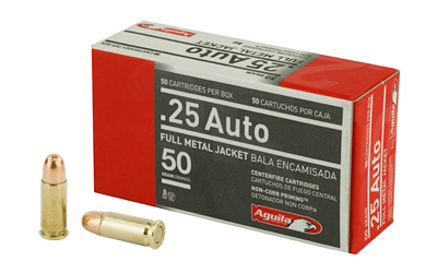 Aguila .25 ACP 50 gr FMJ 50-round box, brass-cased target ammunition