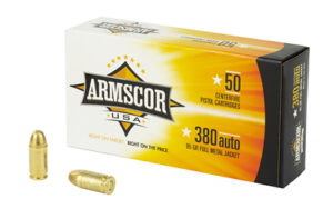 Armscor .380 ACP 95 gr FMJ ammunition, 50‑round box, brass‑cased