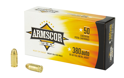 Armscor .380 ACP 95 gr FMJ ammunition, 50‑round box, brass‑cased