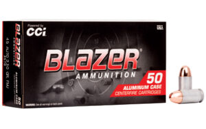 CCI Blazer .45 ACP 230 gr FMJ 50 ct box — aluminum-case handgun ammunition