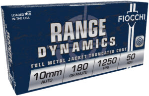 Fiocchi Range Dynamics 10mm 180gr FMJTC brass-cased handgun ammunition box