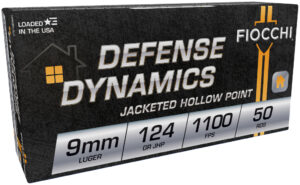 Fiocchi 9mm Luger 124gr JHP ammunition box, 50 rounds