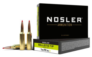 Nosler Ballistic Tip 7MM PRC 160gr ammunition box and cartridges
