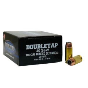 Double Tap Bonded Defense .40 S&W 180gr JHP ammunition box, 20 rounds