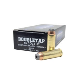 Double Tap .45 Long Colt 250gr SJHP ammunition box and cartridges