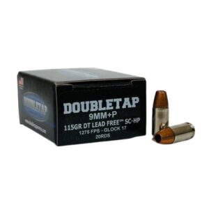Double Tap DT lead-free 9mm+P handgun ammunition box, 20 rounds