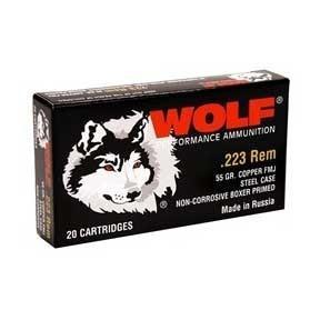 Box of Wolf Ammunition .223 Rem 55 gr FMJ steel-case, 20-round pack