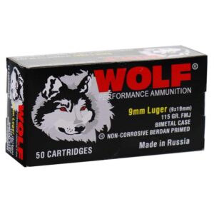Wolf AMO 9mm 115gr FMJ steel-case handgun ammunition 50 round box