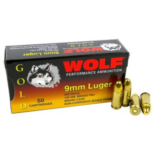 Wolf Gold 9mm 124gr FMJ 50 count box brass-cased ammunition
