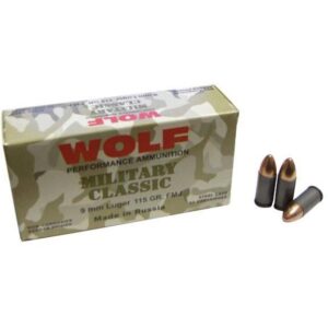 Box of Wolf Miltary Classic 9mm Luger 115 gr FMJ handgun ammunition, 50 count