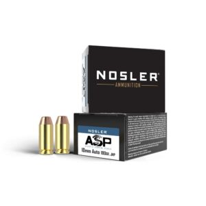 Box of Nosler ASP 10mm 180gr JHP handgun ammunition, 20 rounds