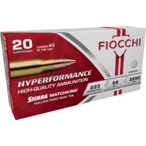 Fiocchi Exacta .223 Rem 69 gr Sierra MatchKing BTHP ammo box, 20 rounds