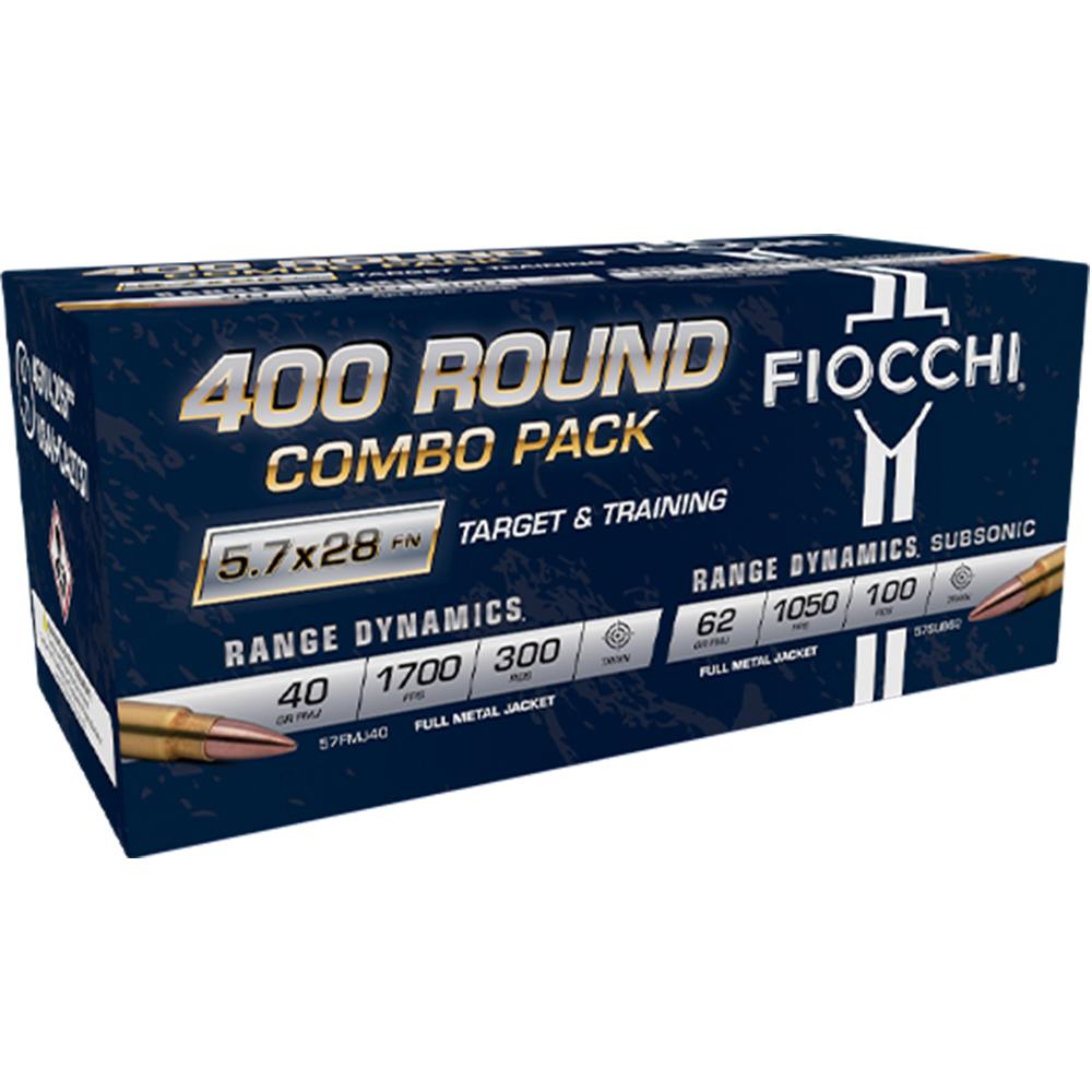 Fiocchi Range Dynamics 5.7x28mm combo pack 40gr FMJ and 62gr FMJ subsonic 400 rounds
