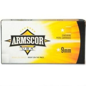 Armscor 9mm 147gr FMJ 50rd box, brass-cased handgun ammunition