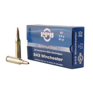 Box of PPU .243 Winchester 90 GR SP rifle ammunition