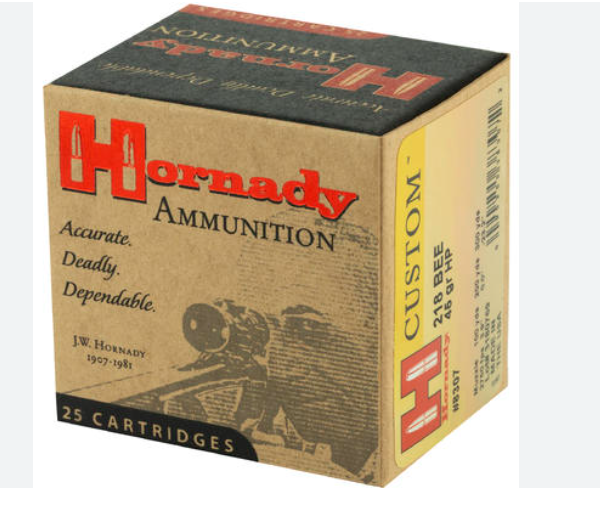 Hornady Custom 218 Bee Ammo 45 Grain Hornady HP Jacketed Hollow Point Box of 25 8307