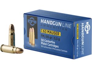 PPU 7.63 Mauser (7.63x25mm/30 Mauser) Ammo 85 Grain Full Metal Jacket 50/Bx - PPH763