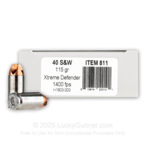 Underwood Xtreme Defender Hollow Point 40 S&W Ammo 115 gr 20 Round Box - Nickel Plated Brass Casing - 811