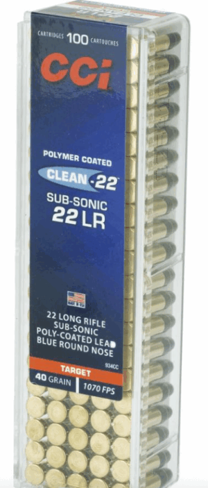 CCI Clean-22 Subsonic, .22LR, Poly-coated LRN, 40 Grain, 100 Rounds - 934CC